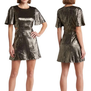 French Connection Alara Metallic Flutter Sleeve Cutout Minidress Gold Size 2 NWT